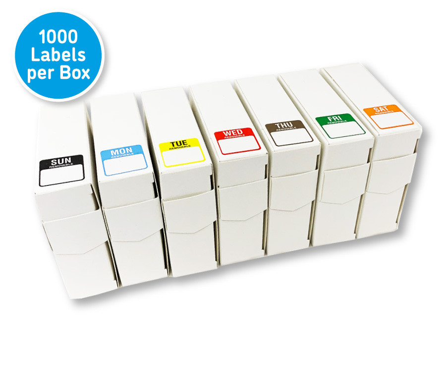 Day of the Week Colour Coded Food storage Labels Full Set - 25x25mm (Monday to Sunday)
