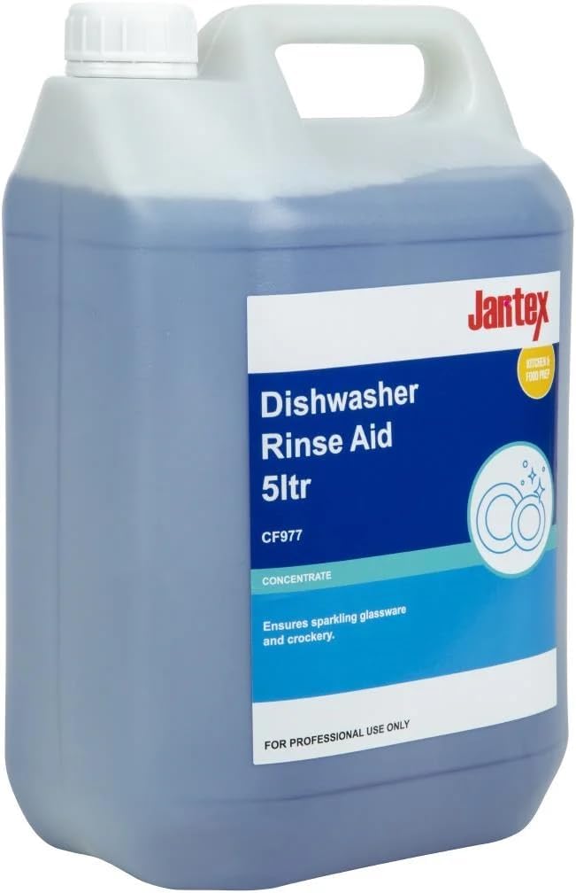 Jantex CF977 rinse aid used in commercial dishwasher in catering kitchen