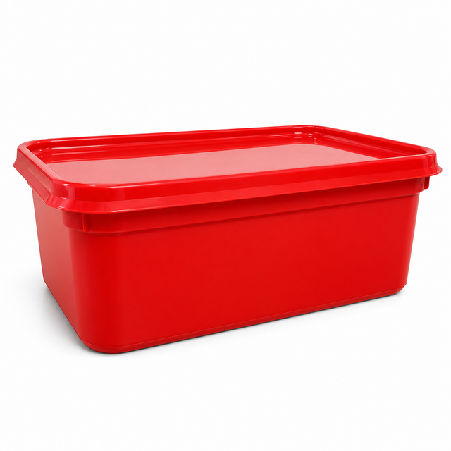 2 litre rectangular red ice cream tub with lid – durable plastic container for storage and catering