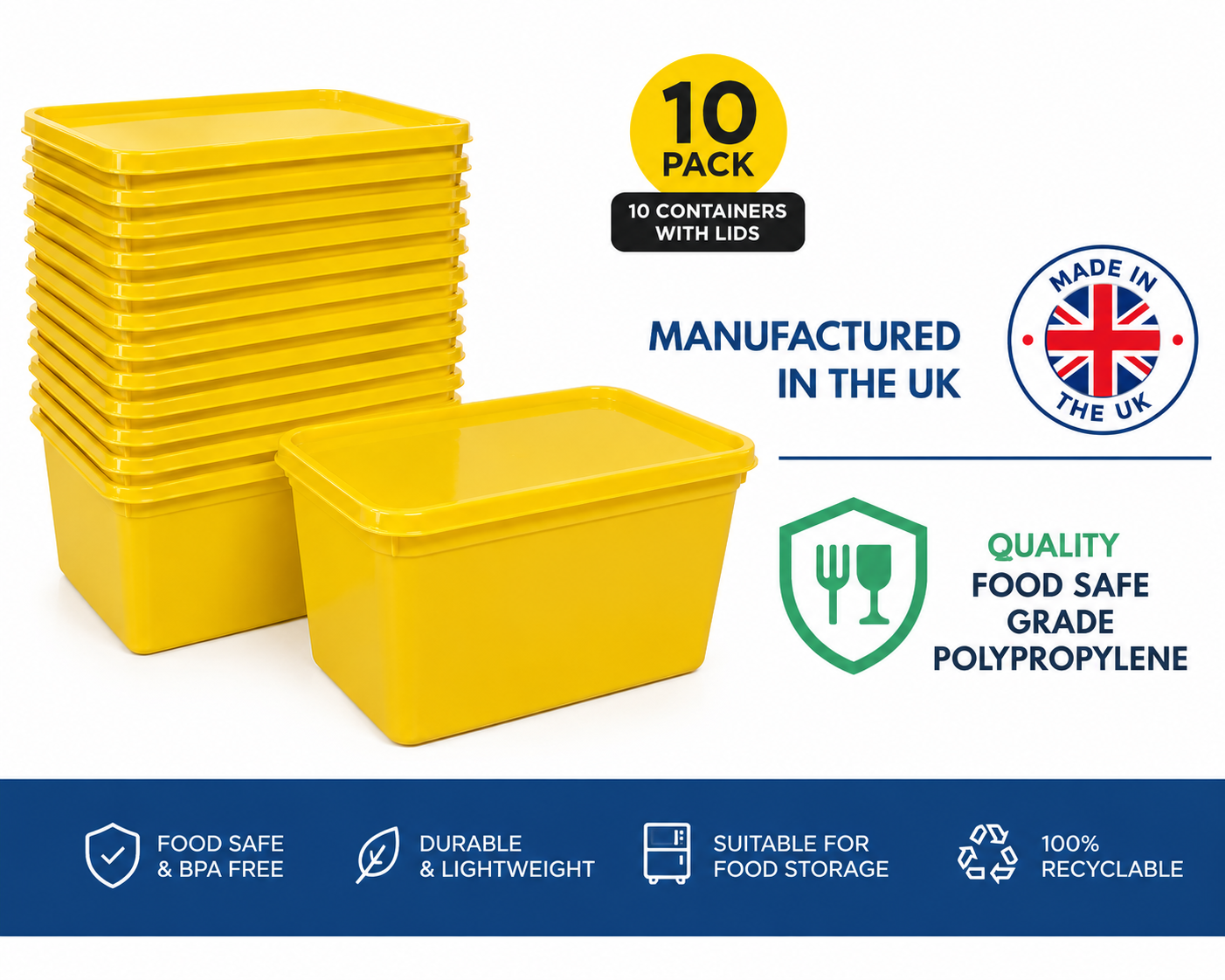 Wholesale bulk pack of 10 yellow 4 litre ice cream containers with secure lids, reusable catering storage tubs