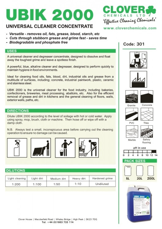5 litre Clover UBIK 2000 heavy duty degreaser and universal cleaner
