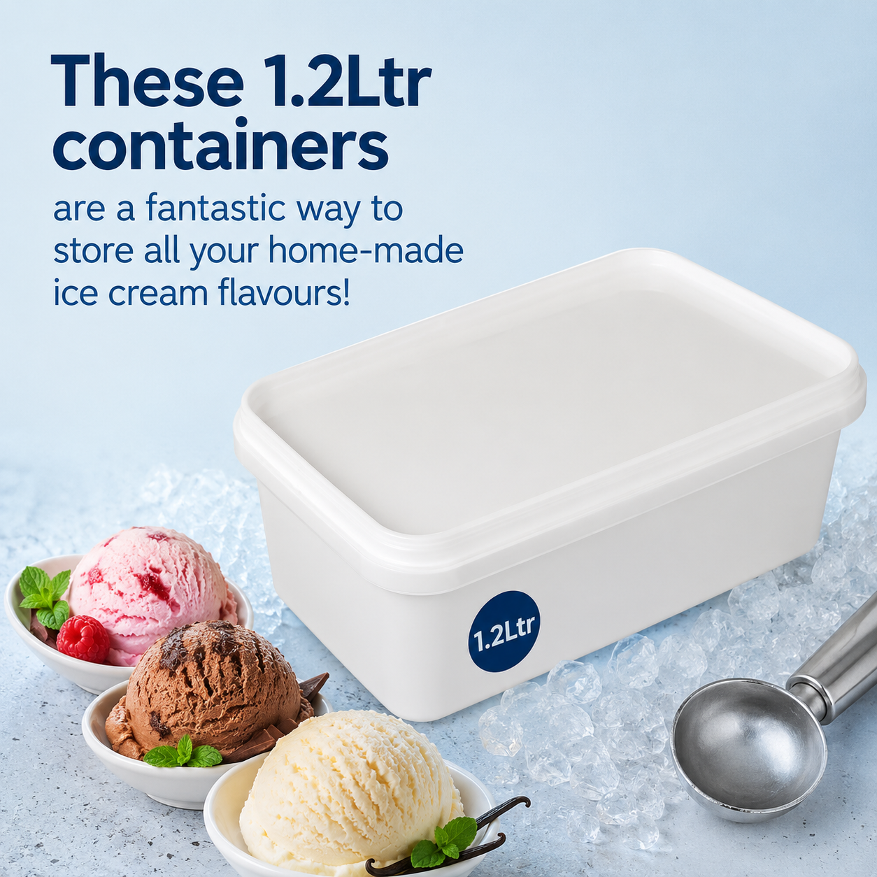 Wholesale pack of 10 reusable 1.2L ice cream tubs with matching lids, ideal for catering businesses, restaurants, and takeaway storage