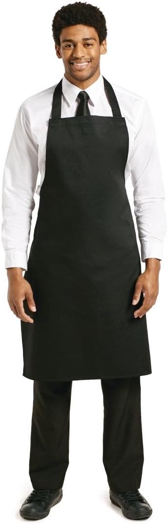 Black bib apron for cooking, baking, and professional kitchen use
