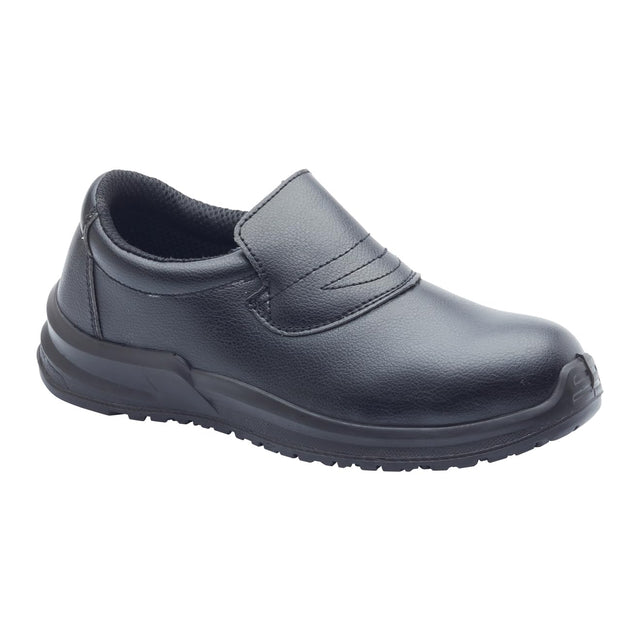 Blackrock SRC04 slip-on hygiene shoe in white, front view with smooth microfibre upper.