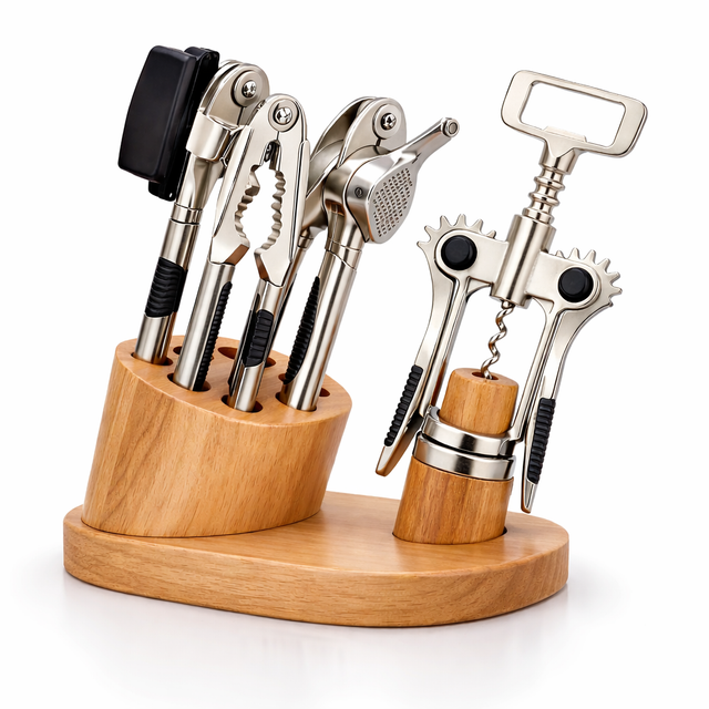 Chef Set 6 piece kitchen gadget set with wooden stand silver and black finish