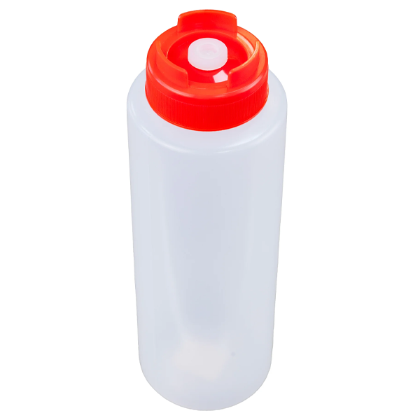 Chefset 7828 32oz Red Sauce Bottle with silicone anti-drip tip for condiments and sauces.