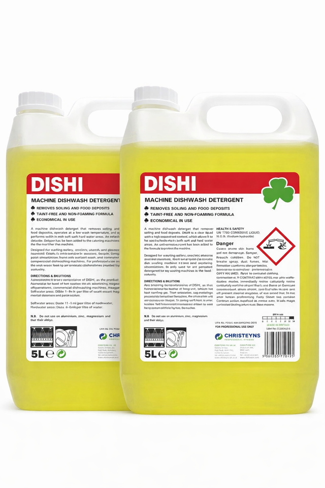 Christeyns Dishi Intermediate Dishwasher Detergent 2x5L in commercial kitchen with industrial dishwasher
