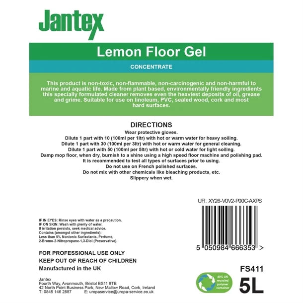 Jantex FS411 Green Lemon Floor Gel Cleaner Concentrate 5 Ltr