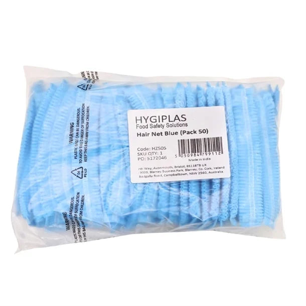 Hygiplas blue hair nets made from non-woven polypropylene for kitchen and food preparation use