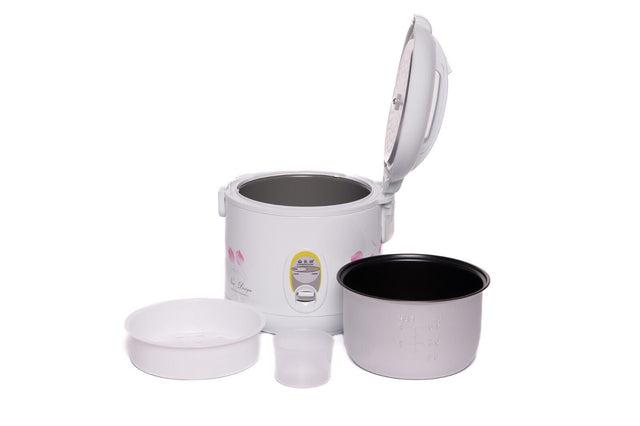 London Wok MRC9 2-litre electric rice cooker, stainless steel exterior, front view.