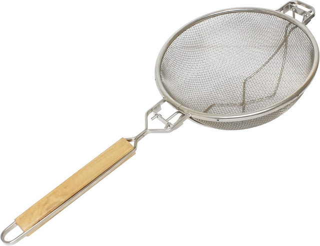 Reinforced wood handle double fine mesh strainer 267mm stainless steel