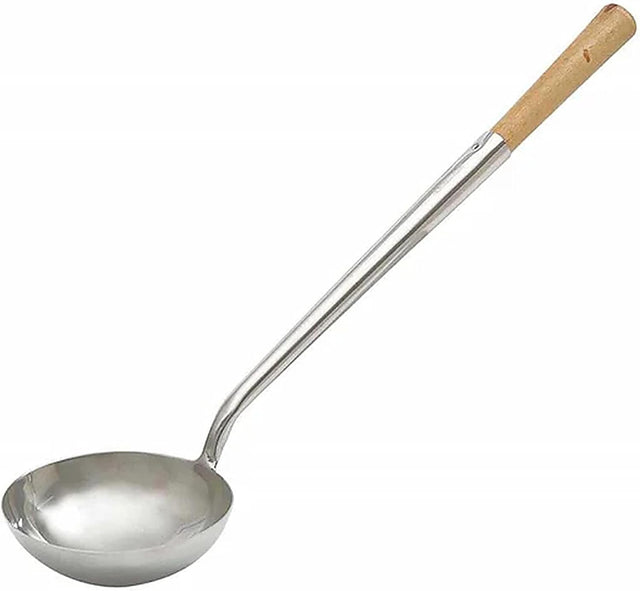 Stainless steel wok ladle with wooden handle 47cm mirror finish
