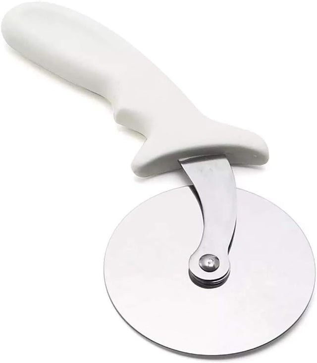 Tablecraft 4106W 4 inch pizza wheel cutter slicing pepperoni pizza in busy commercial kitchen