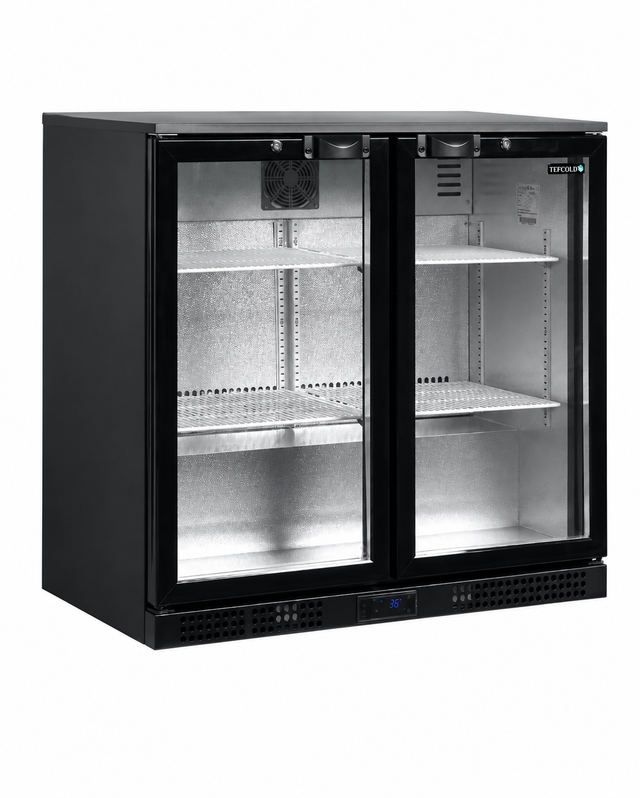 Tefcold DB201H double door undercounter bottle cooler with hinged glass doors in black finish