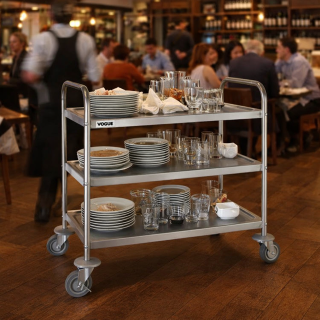 Vogue F994 3 tier stainless steel clearing trolley with castors for commercial catering use